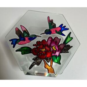 Hummingbird Stained Glass Hexagon Decor Flower Table Accent Vintage Style